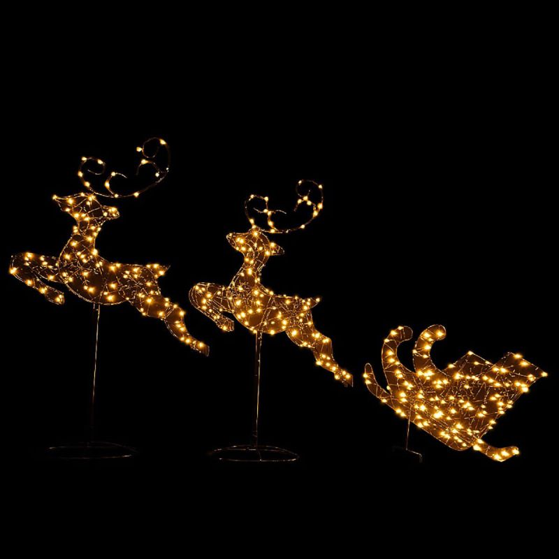 Reindeers and Sleigh with 320 Duo Bulbs - Christmas Lights on Black Frame (96cm Height)