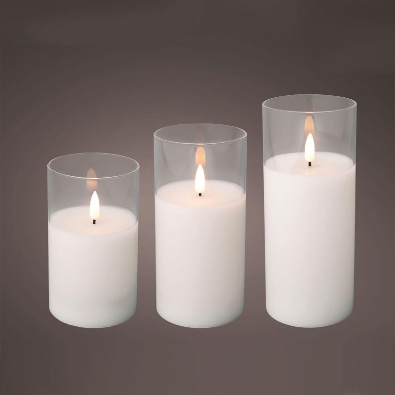 3 Glass Cylinder LED Candles - White