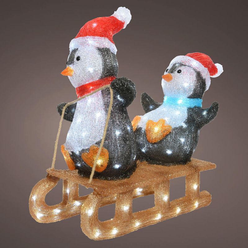 Acrylic Penguins on a Sleigh - Christmas Indoor Battery Operated LED Light (56cm Height)