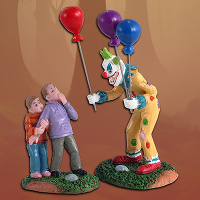 Lemax Halloween ‘Creepy Balloon Seller’ (Creepy clown handing balloons to 2 scared children)