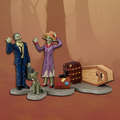 Lemax Halloween ‘Going Our Way?’ (2 Hitch-Hiking Ghouls with their Dog and Luggage, Set of 4 Figurines)