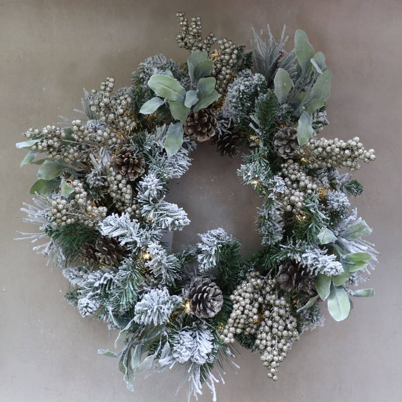 60cm Artificial Snowy Pinecone Wreath with LEDs